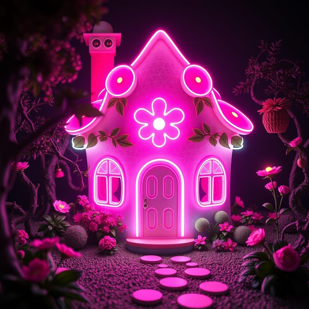 Neon Pink Flower House in Hyperdetail