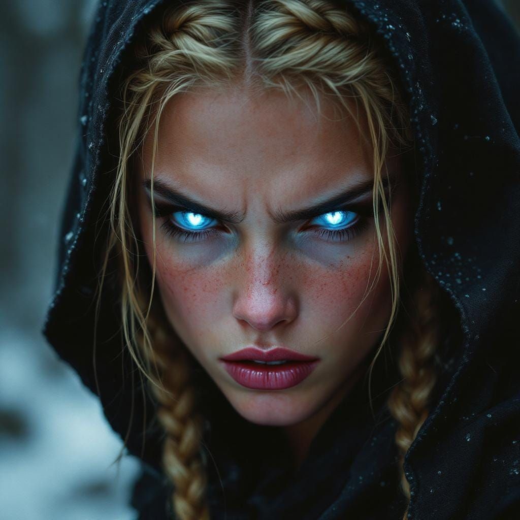 Angry Woman in Black Cloak: Hyperrealistic Digital Art