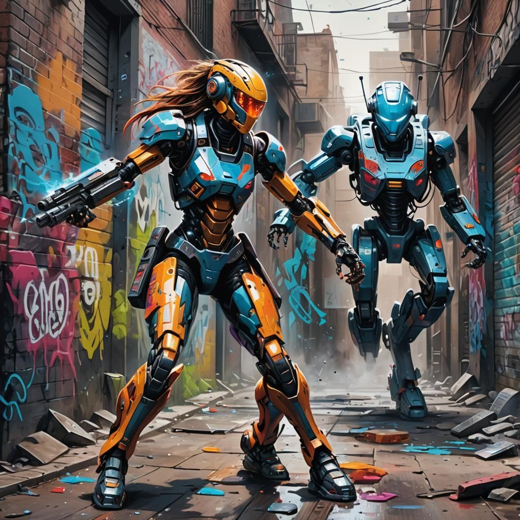 Futuristic Warrior Woman Versus Robot in Graffiti Alley