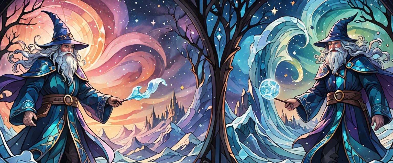 Cartoon Ice Wizard in Stained Glass Style