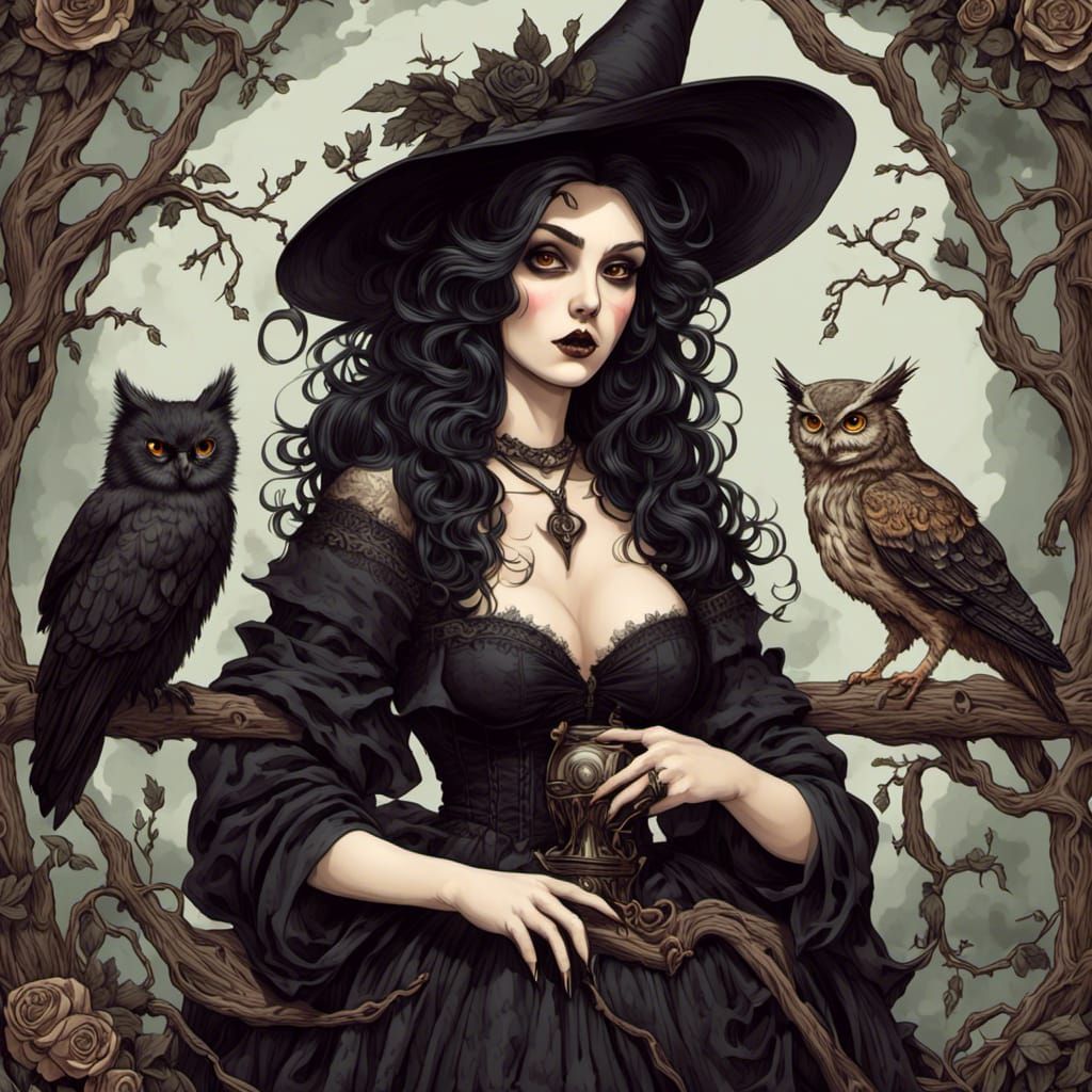 Gothic Pinup Witch with Cat and Owl