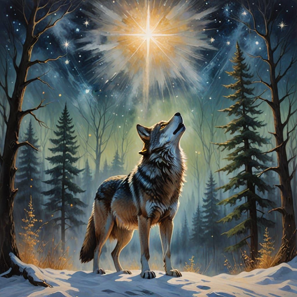 Wolf Gazing at North Star in Impressionistic Oils