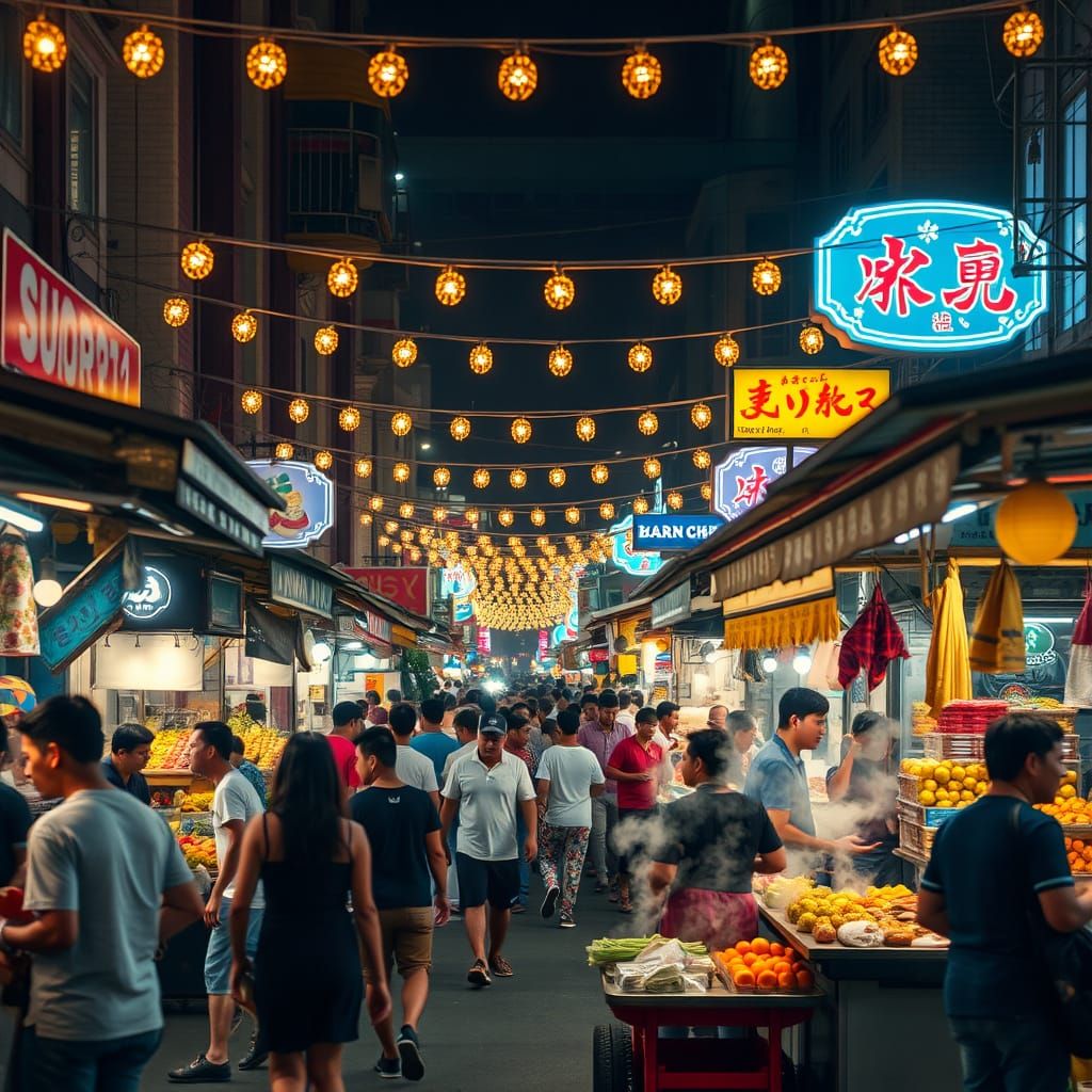 Vibrant Night Market Scene in Warm Hues