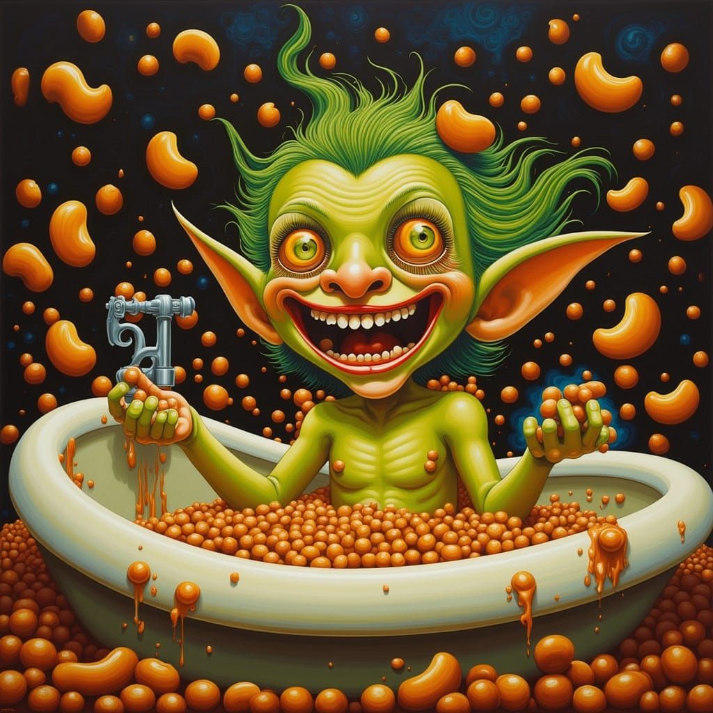 Whimsical Elf Splashes Baked Beans in Bathtub