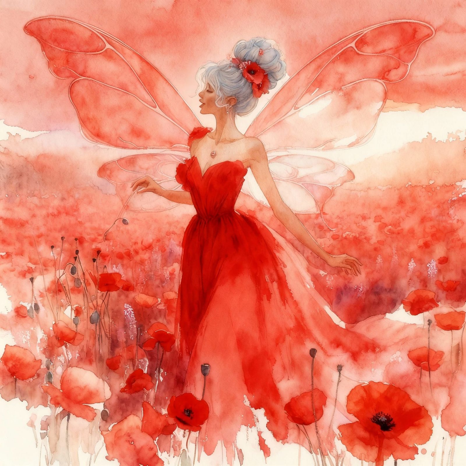 Monochrome Red Watercolor Fairy in Poppy Meadow