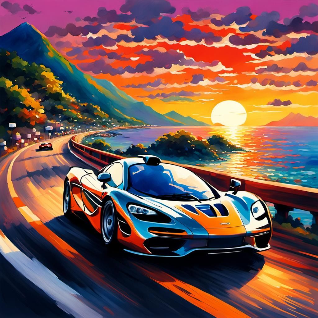 McLaren F1 Sunset Drive: Impressionist Gouache Watercolor