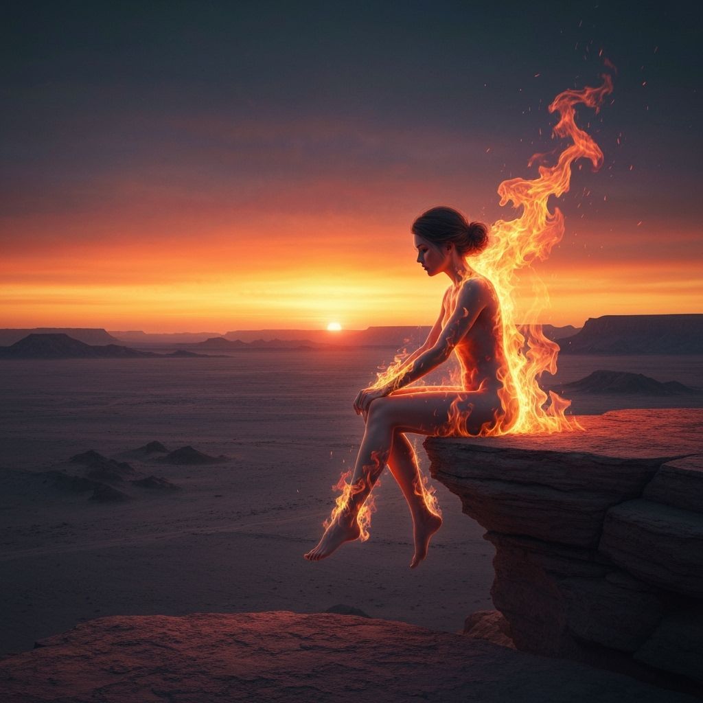 Woman Engulfed in Fiery Sunset Over Desert
