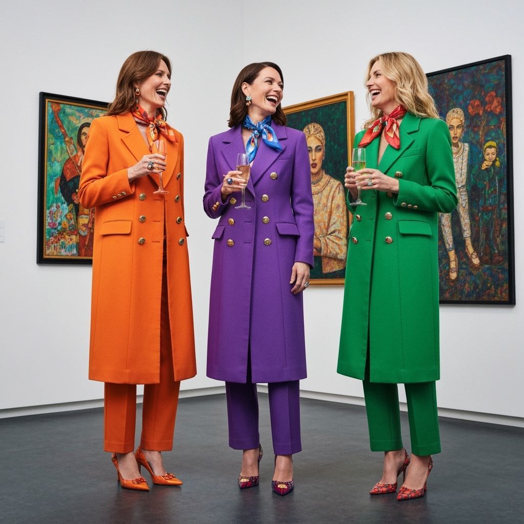 Women in Duster Coats Laughing in Art Gallery