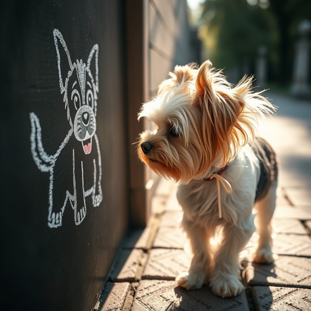 Yorkie Sniffs Cartoon Dog Drawing in Hyperrealistic Portrait