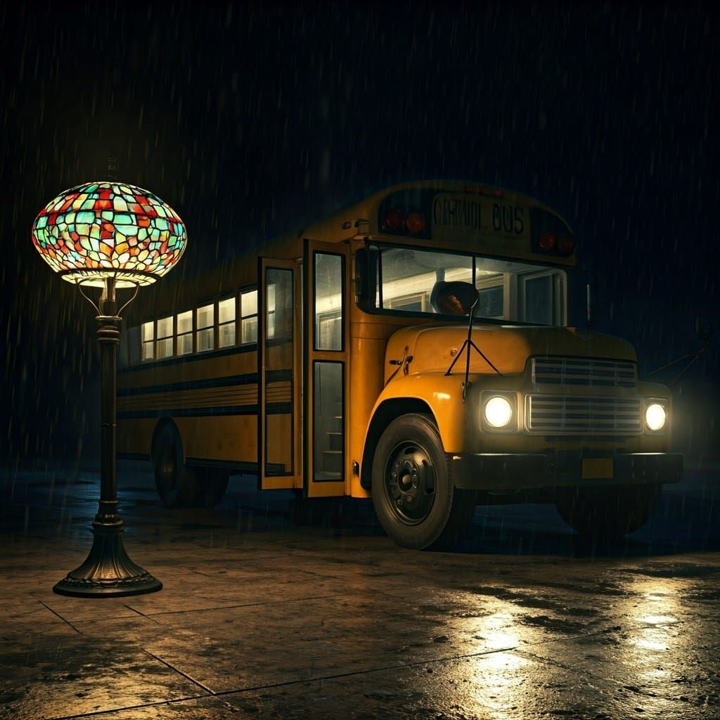 Surreal School Bus with Giant Tiffany Lamp
