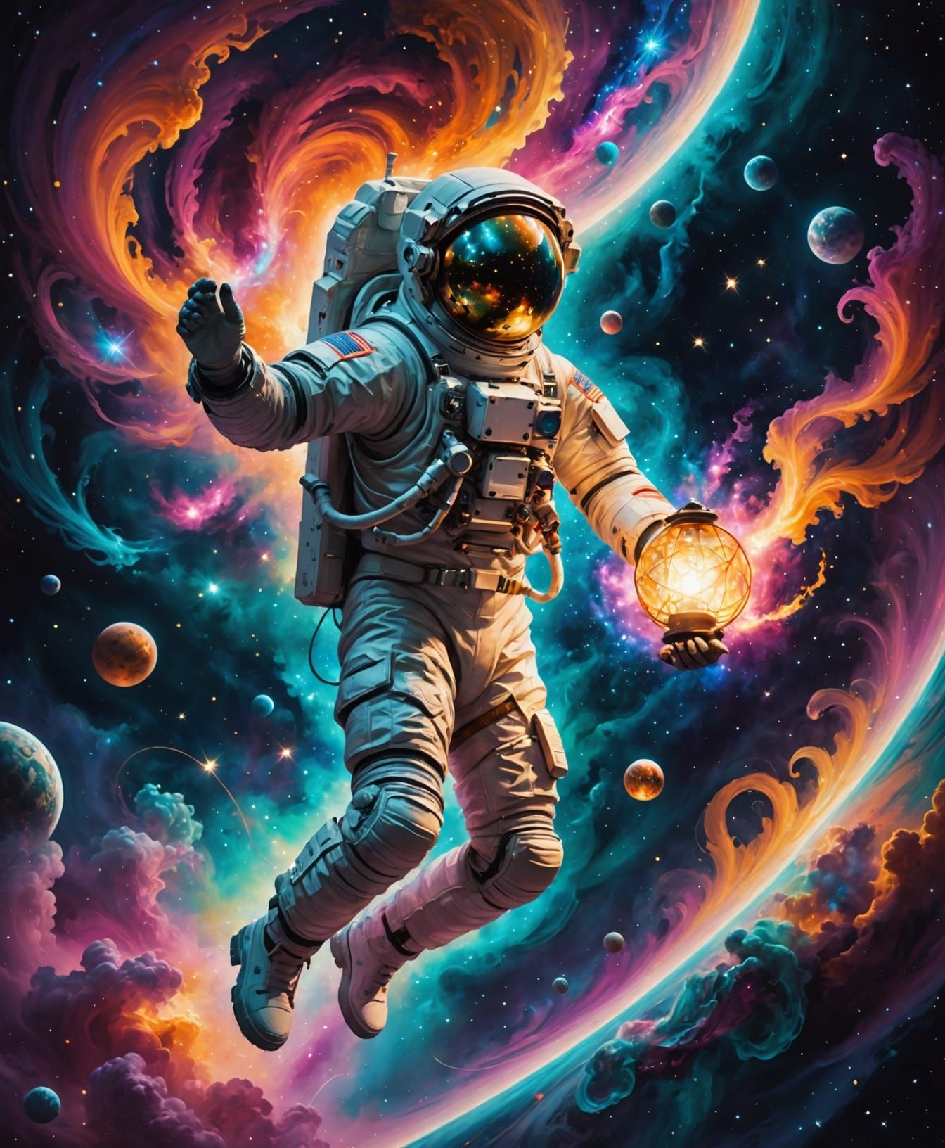 Astronaut with Celestial Lantern in Nebula