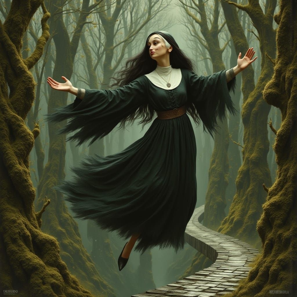 Medieval Flying Nun in Dreamlike Forest Landscape