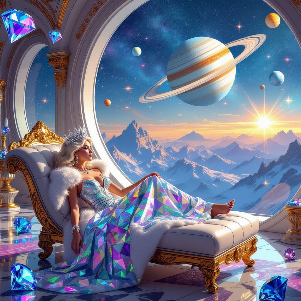Galactic Queen Lounging Amidst Diamond Palace