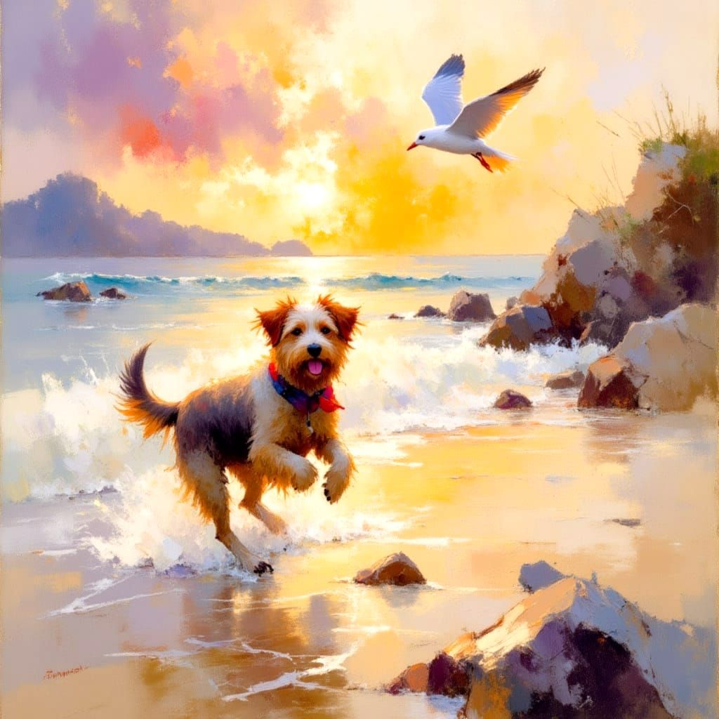 Joyful Scuffy Dog Runs Along Deserted Shoreline in Impressio...