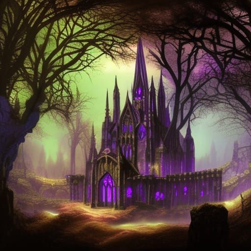 Luminescent Wizards Castle in Forest at Night