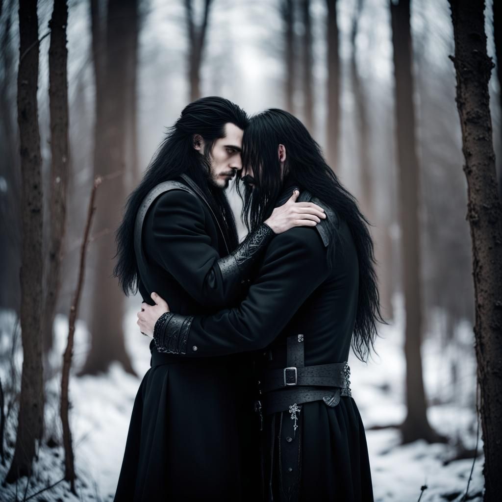 Goth Men Embrace in Dark Winter Forest