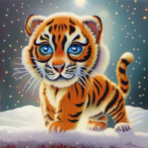 Orange Tiger Cub in Sparkling Snow, Digital Art