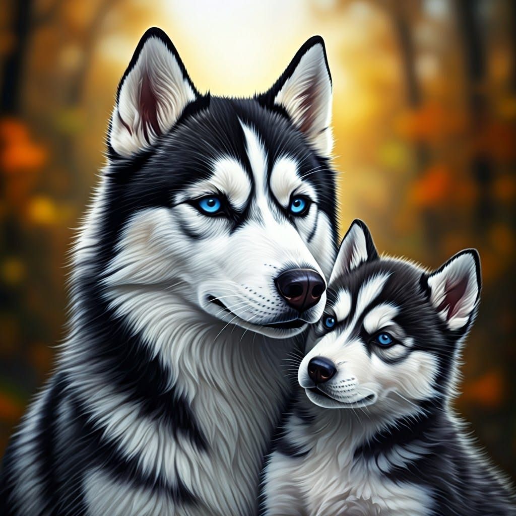 Loving Mother and Baby Husky in Airbrush Art