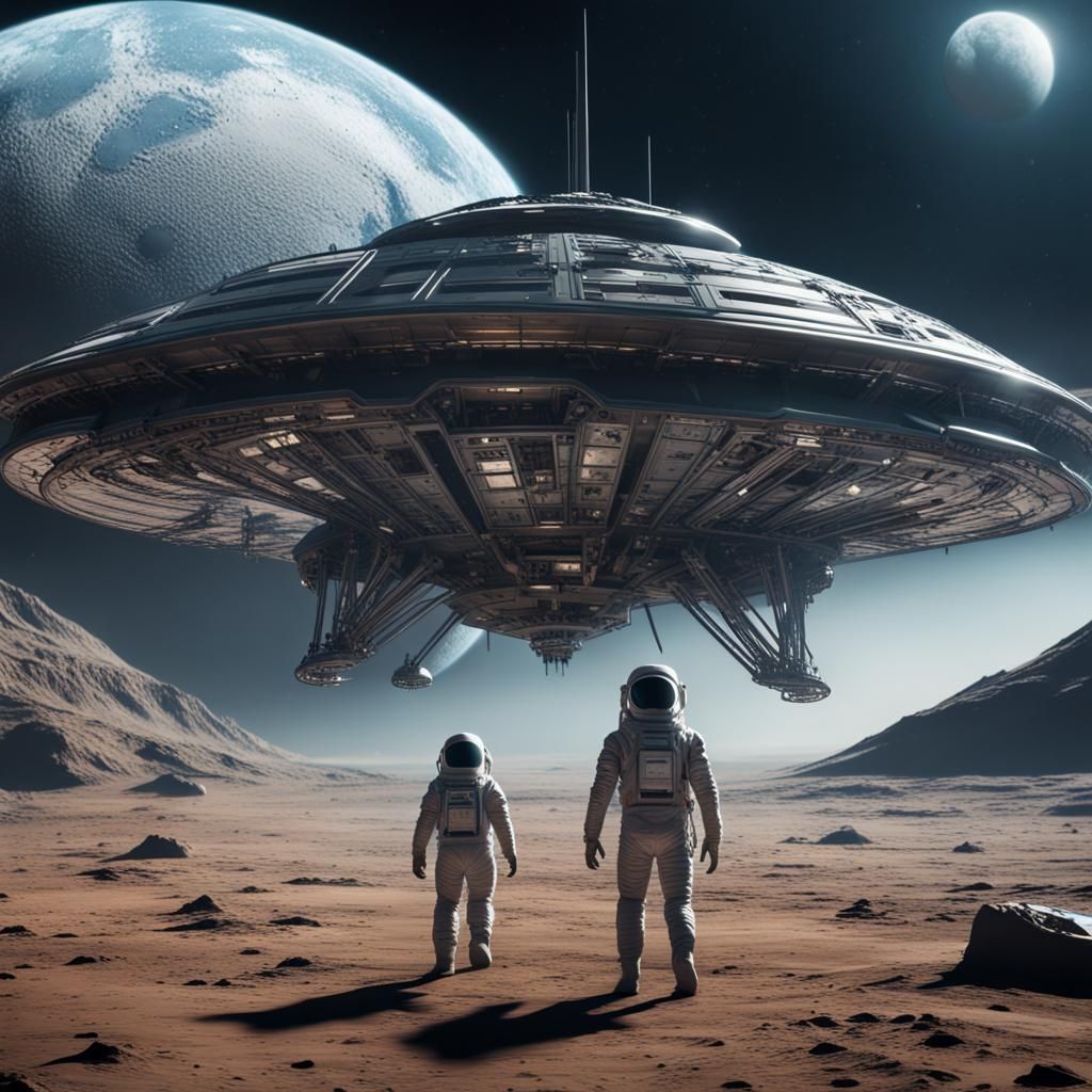 Futuristic Alien Spacecraft on Moon with Wolf Alien