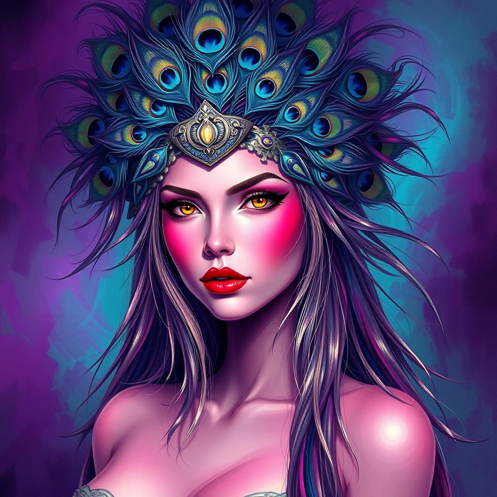 Vibrant Woman with Peacock Feathers, Digital Art