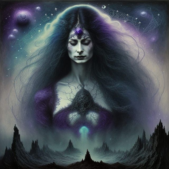 Mysterious Cosmic Goddess in Dark Velvety Robes