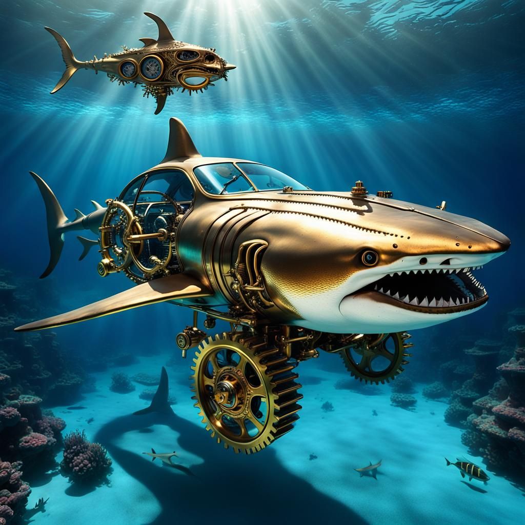 mesmerizing underwater a whimsical cyborg steampunk shark car