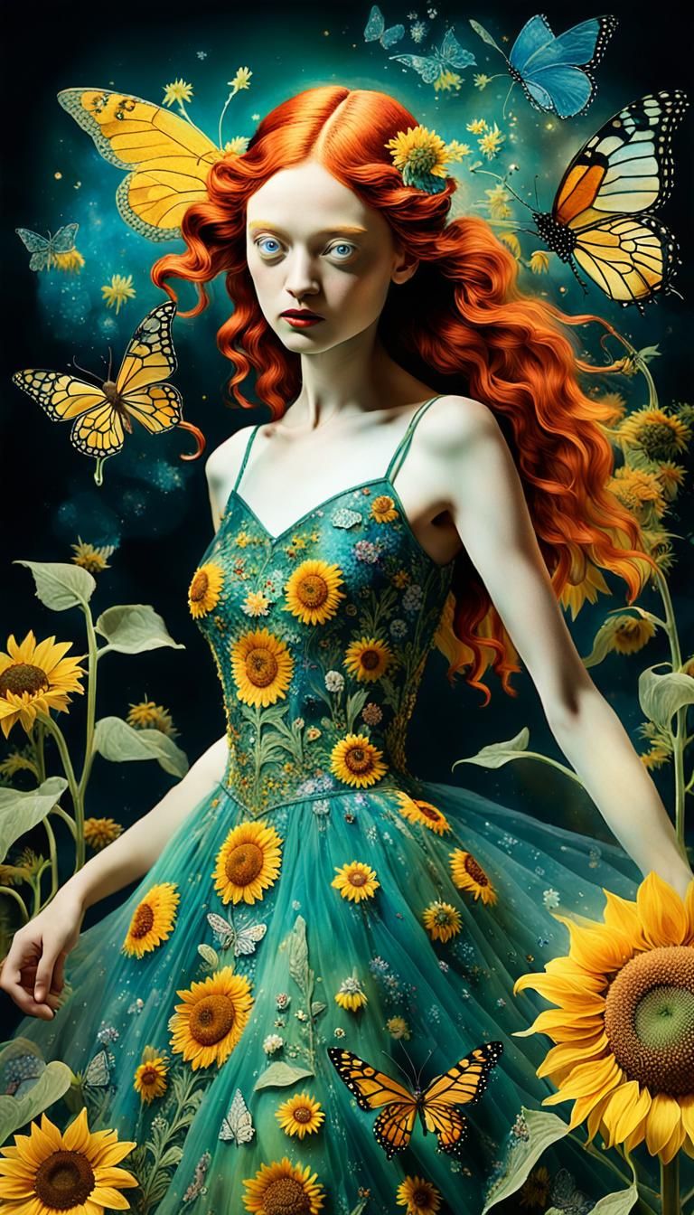 Surrealist Fairy with Sunflowers in Dreamlike Photogram
