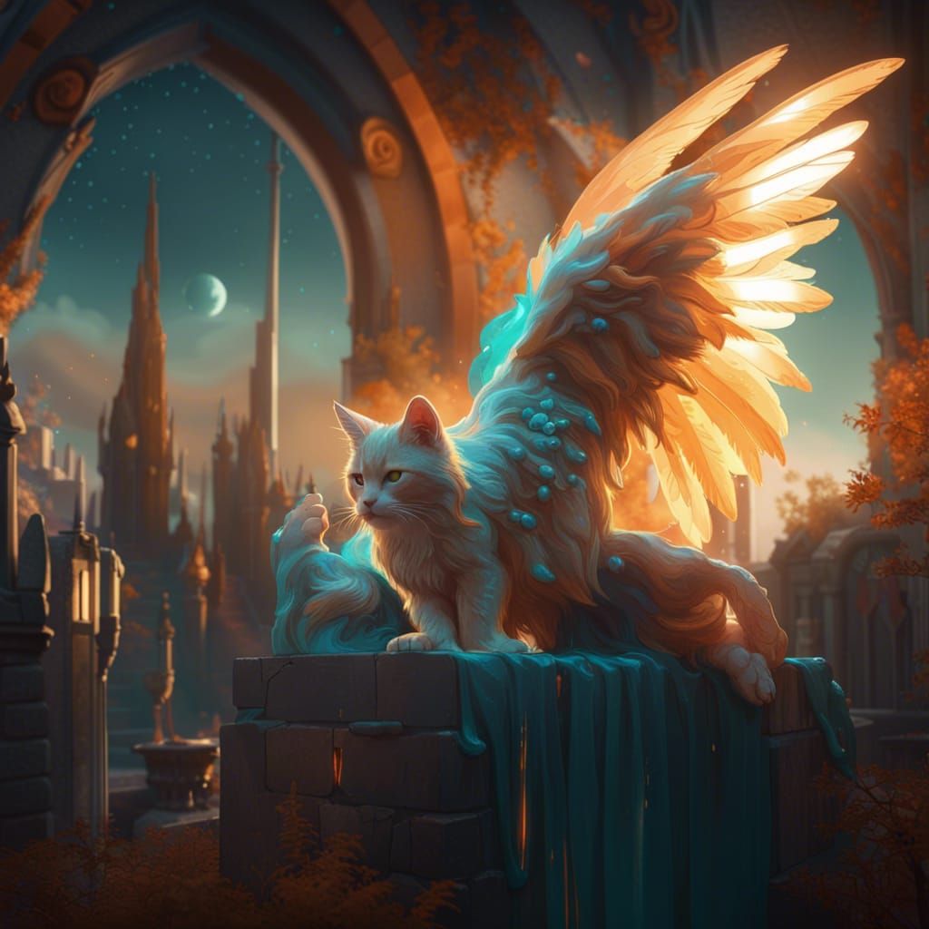 Angel Cat with Moon Symbol, Fantasy Concept Art