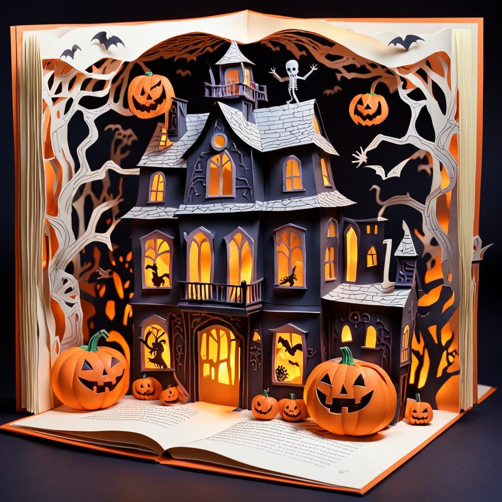 Halloween Pop-Up Book Scene with Skeletons and Pumpkins