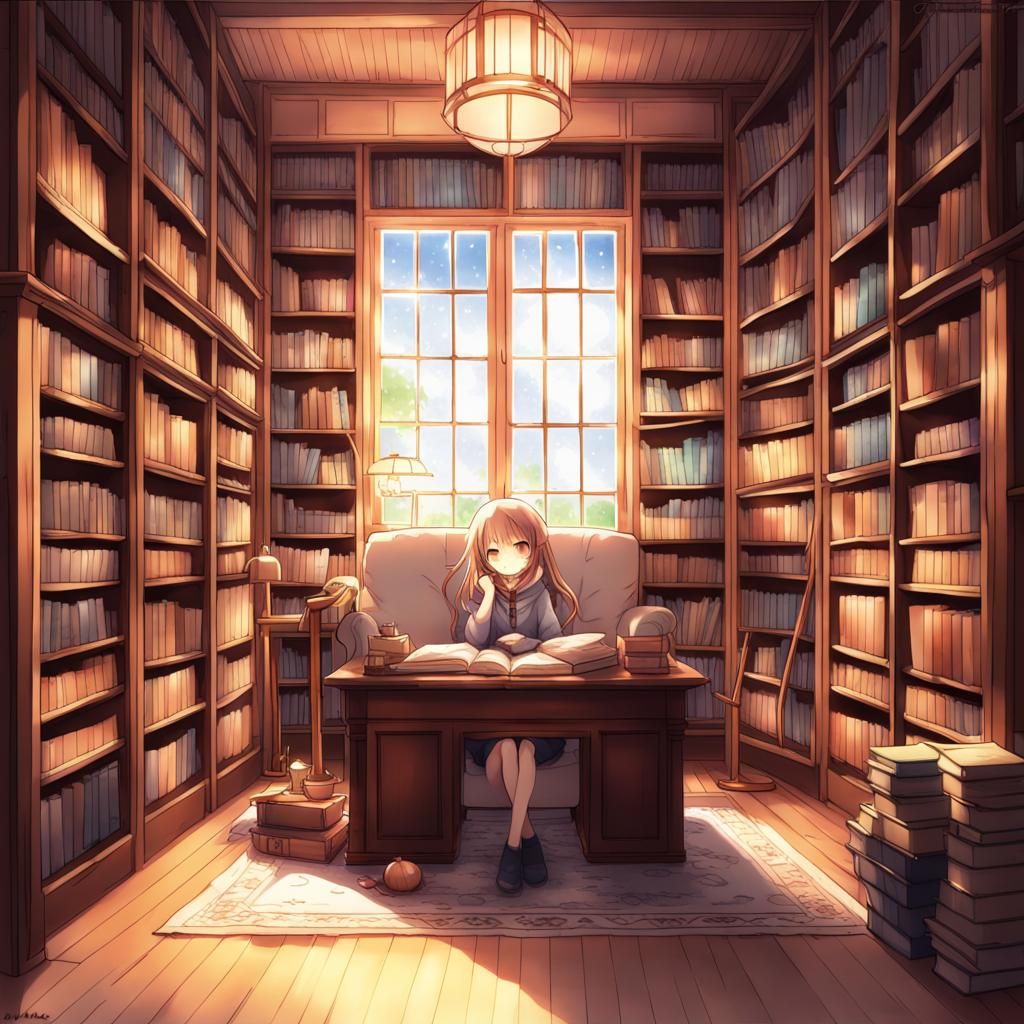 Cozy Library in Anime Style
