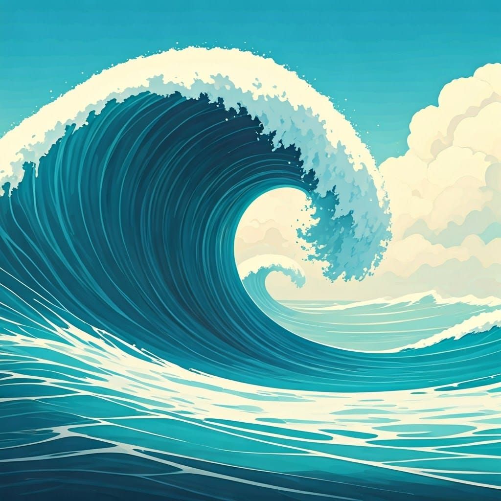 Tidal Wave in Whimsical Watercolor Cartoon Style