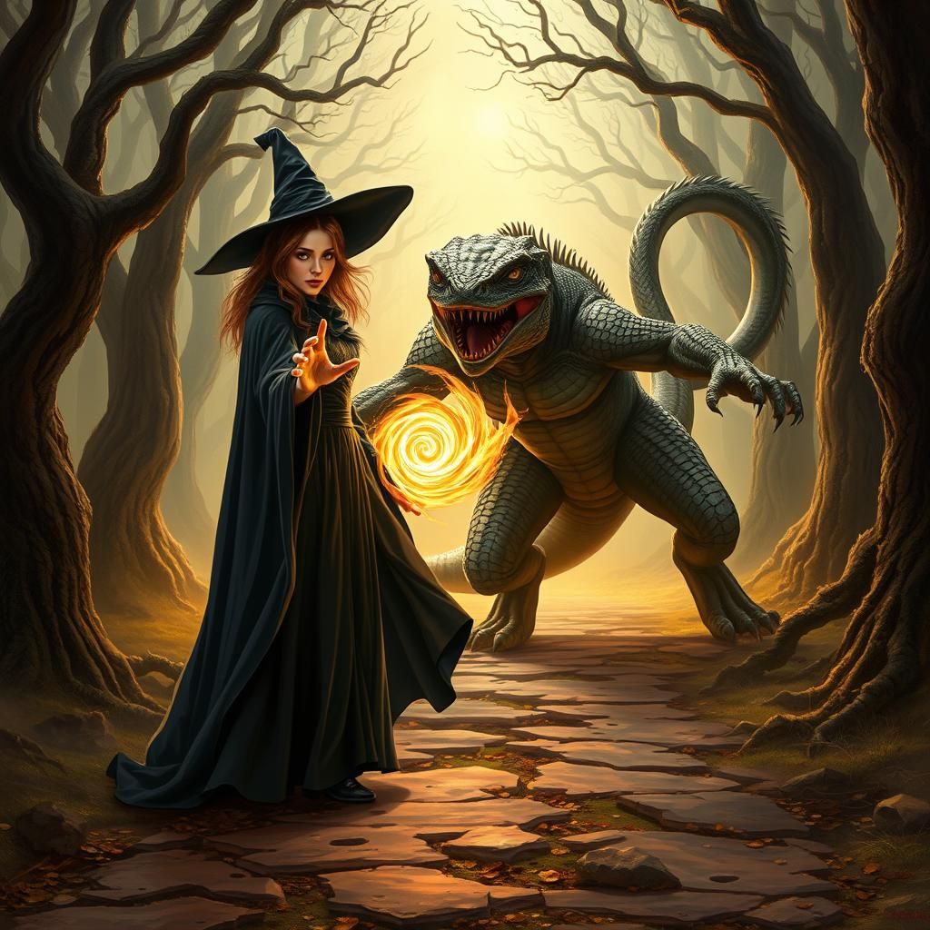 Witch and Lizard Man Face Off in Dark Forest