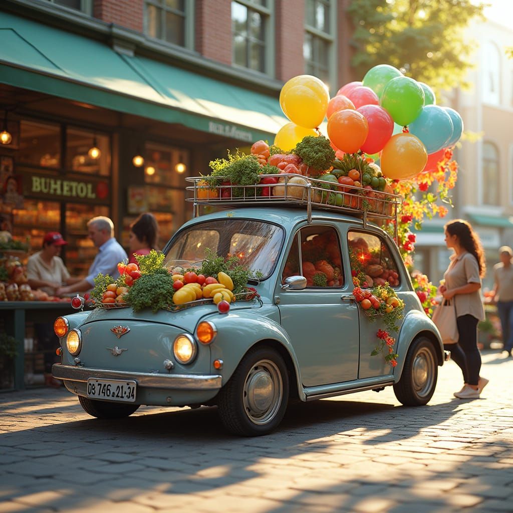Sleek Grey Car Festively Loaded with Vibrant Food at a Busy ...