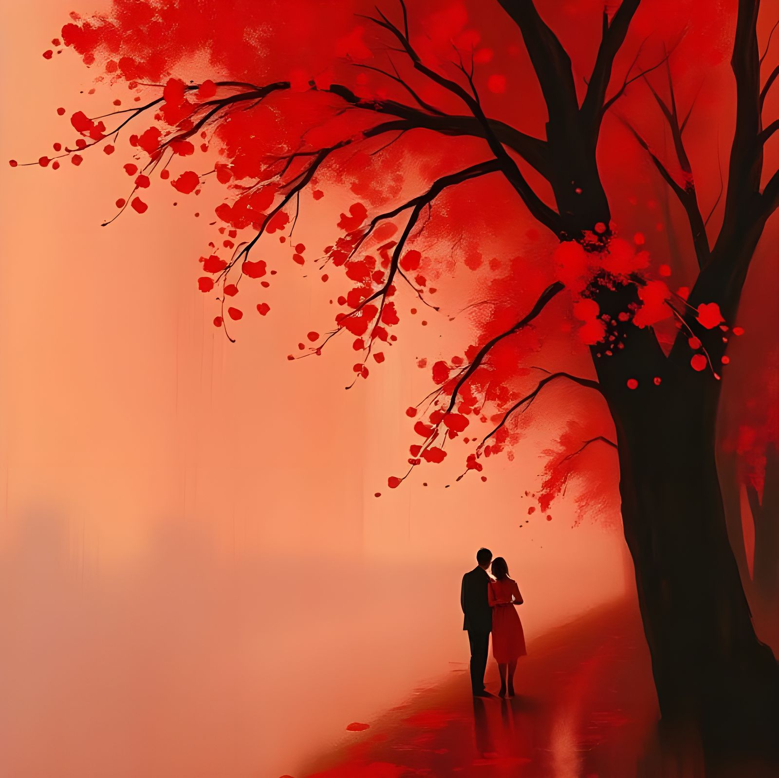 Romantic Impressionist Rainy Scene in Red and Gold