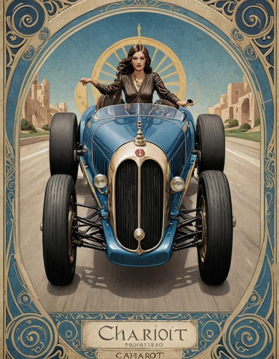 Tarot Card of a 1930s Bugatti Formula Race Car in Art Deco S...