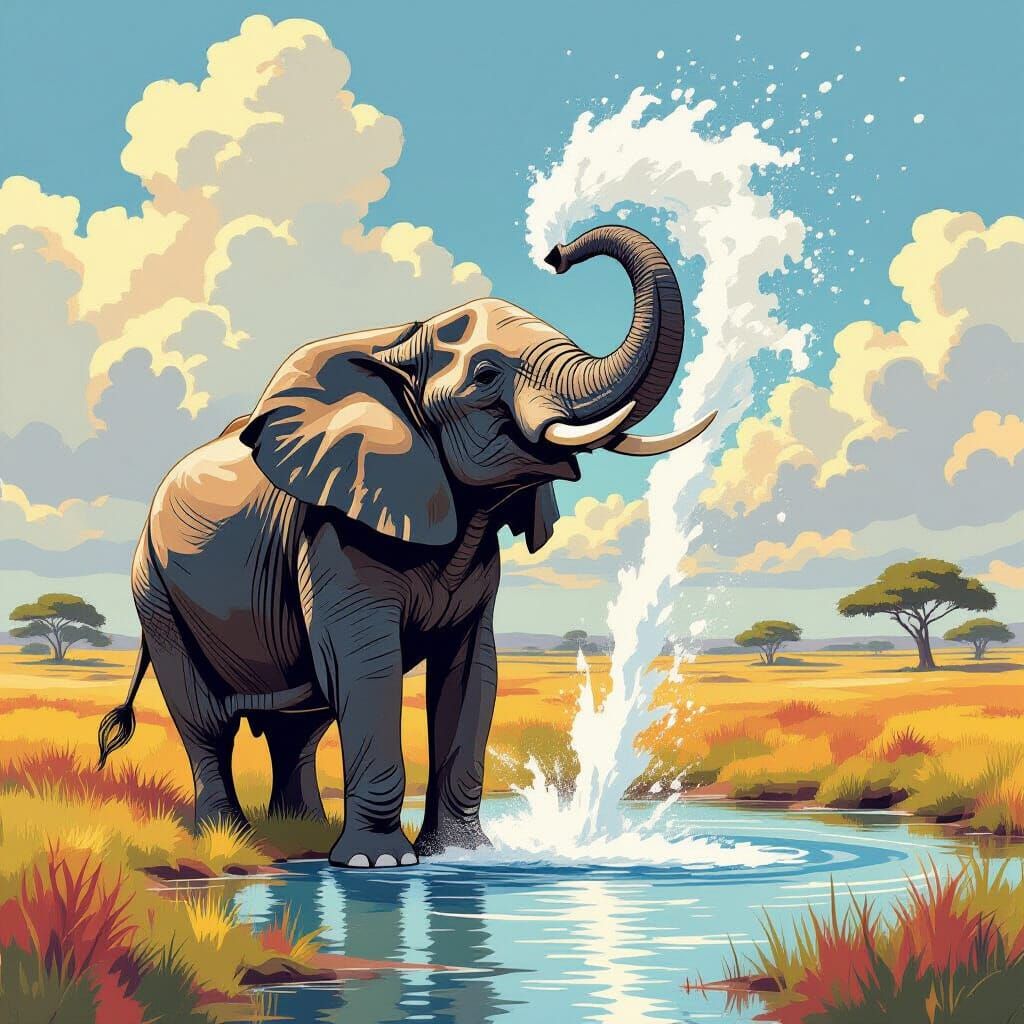 Elephant Creates Waterfall, Pop Art Style