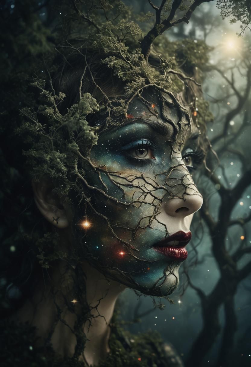Surreal Tree Face with Cosmic Makeup and Nebula