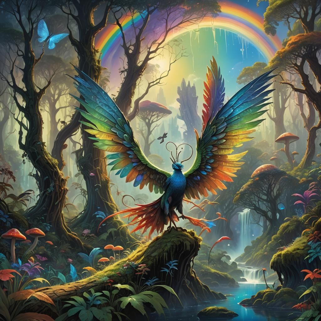 Mystical Forest with Winged Creatures, Surrealist Concept Ar...