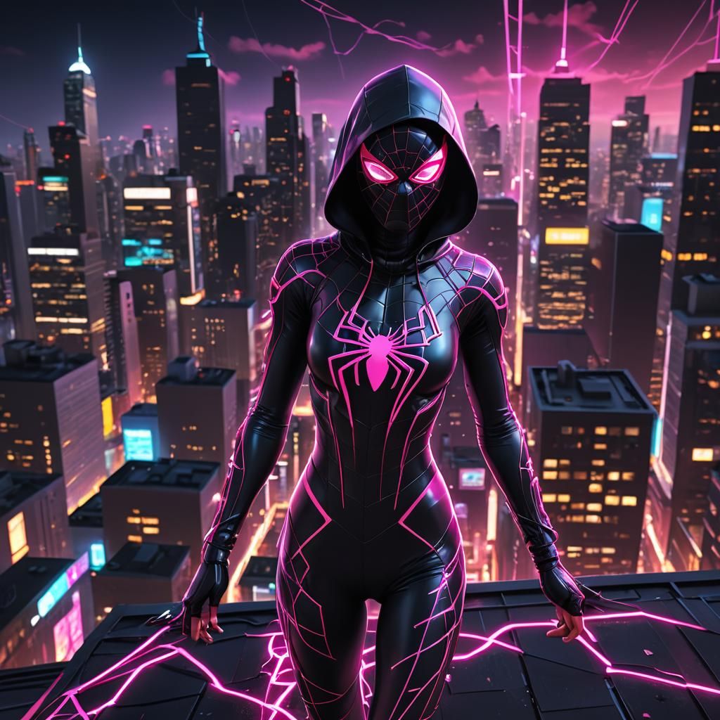 Anime Spidersona on Neon City Rooftop