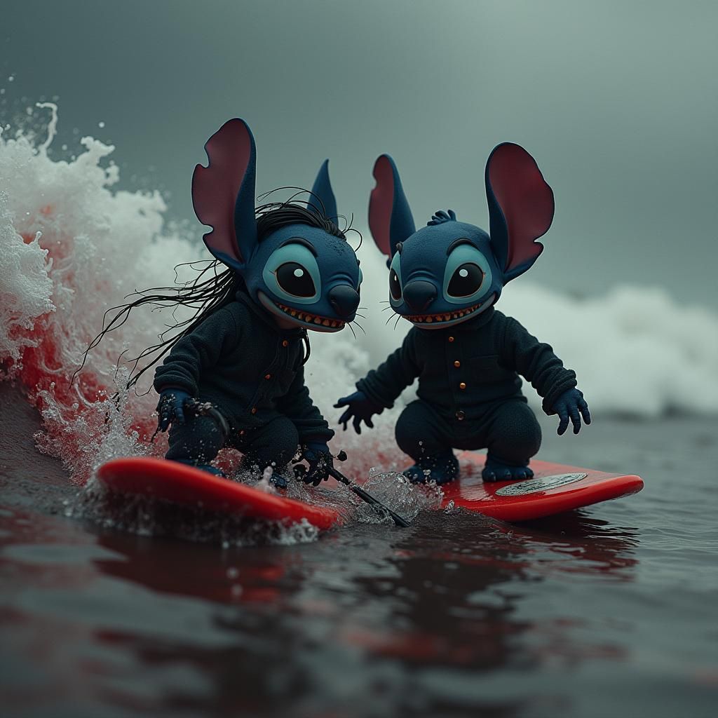 Stitch and Wednesday Addams Surf a Blood Wave