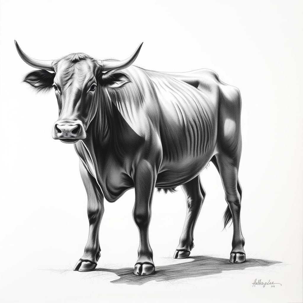 Majestic Standing Cow in Chiaroscuro Pencil Drawing
