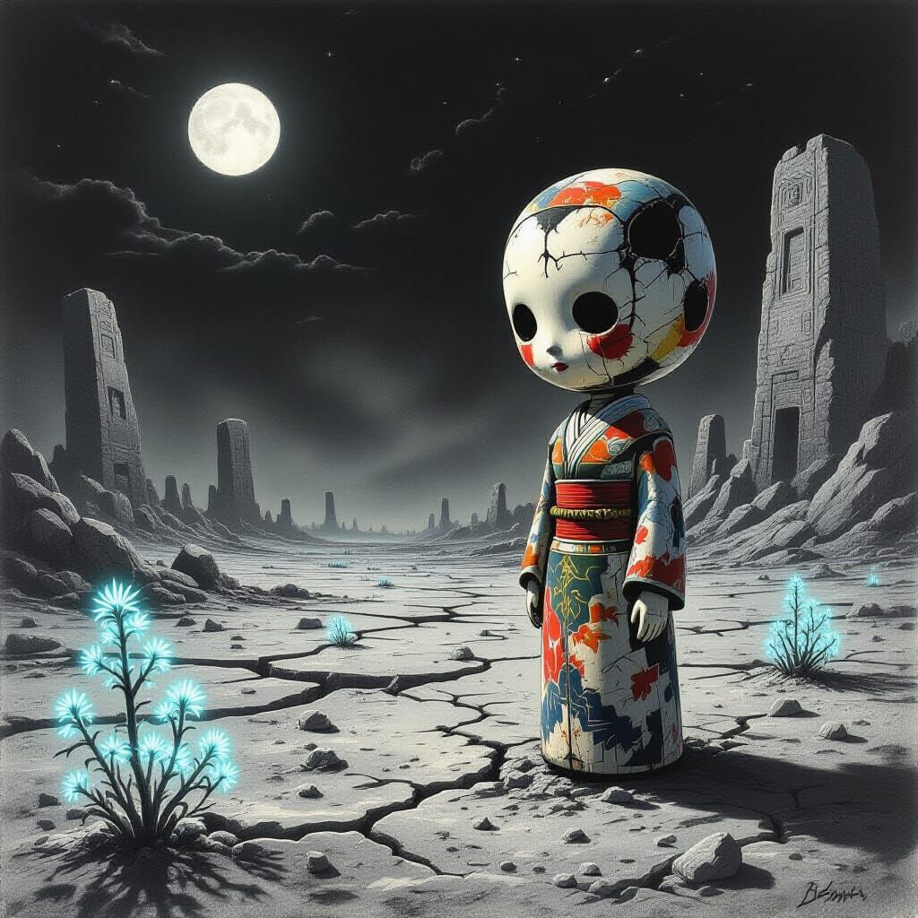 Kokeshi Doll on Alien Planet, Charcoal Drawing Style