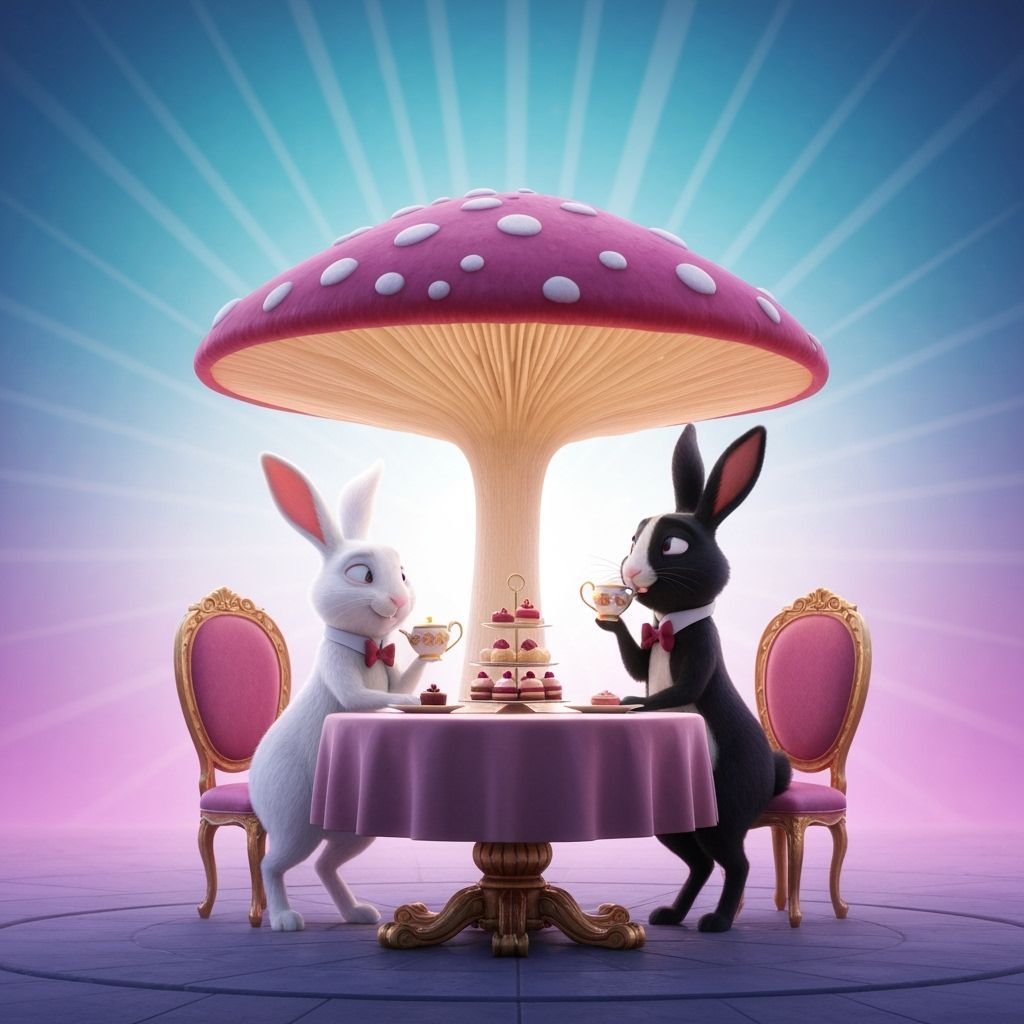 Rabbits Enjoying Tea Under a Giant Mushroom in Pixar Style