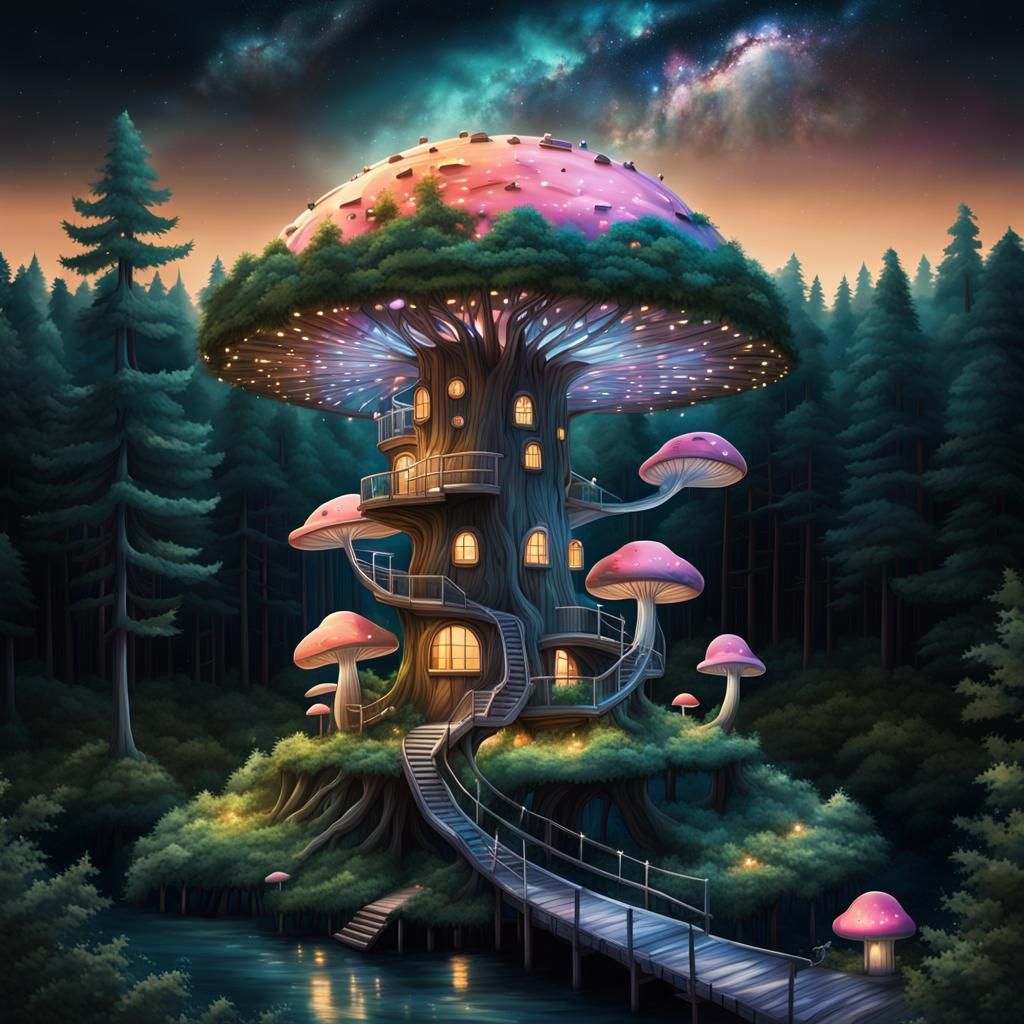 Enchanted Forest Treehouse in Moonlight