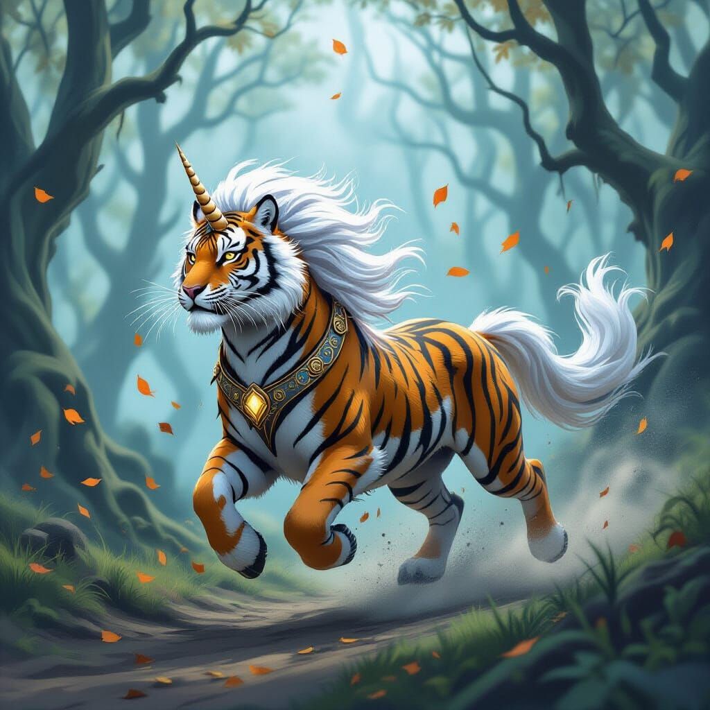 Majestic Tiger-Unicorn in Misty Woods, Whimsical Art