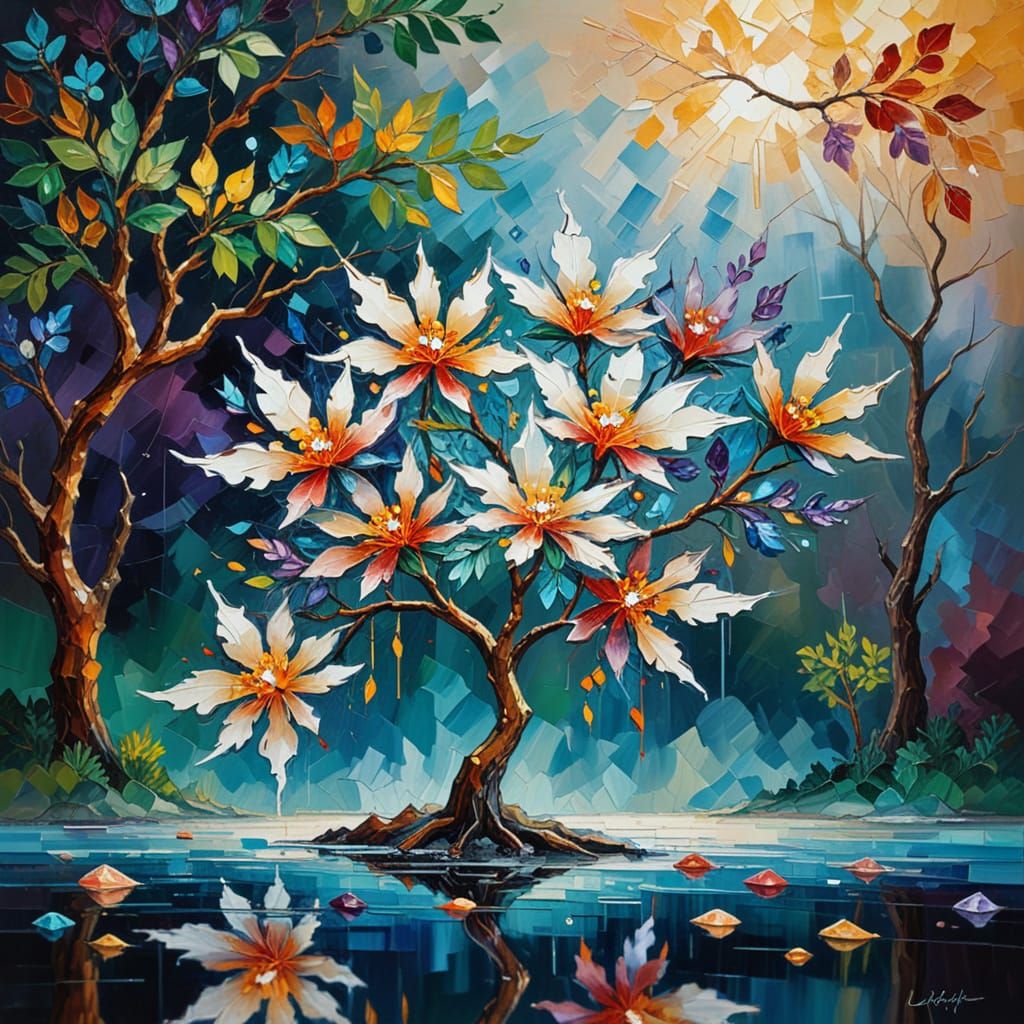 (tree:1.5), Leonid Afremov and Gerrit van Honthorst, silver ...