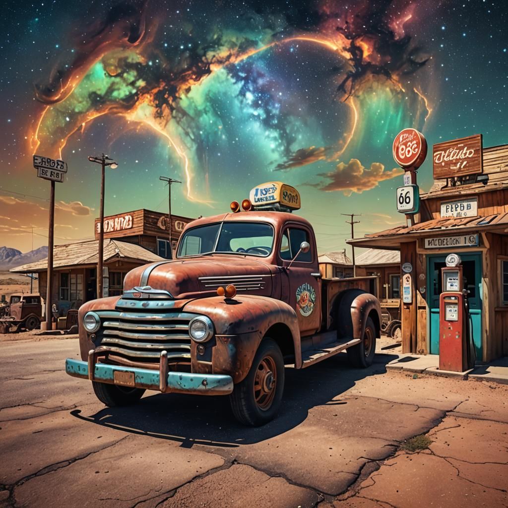 Vintage Truck on Route 66: Holographic Astral Illustration