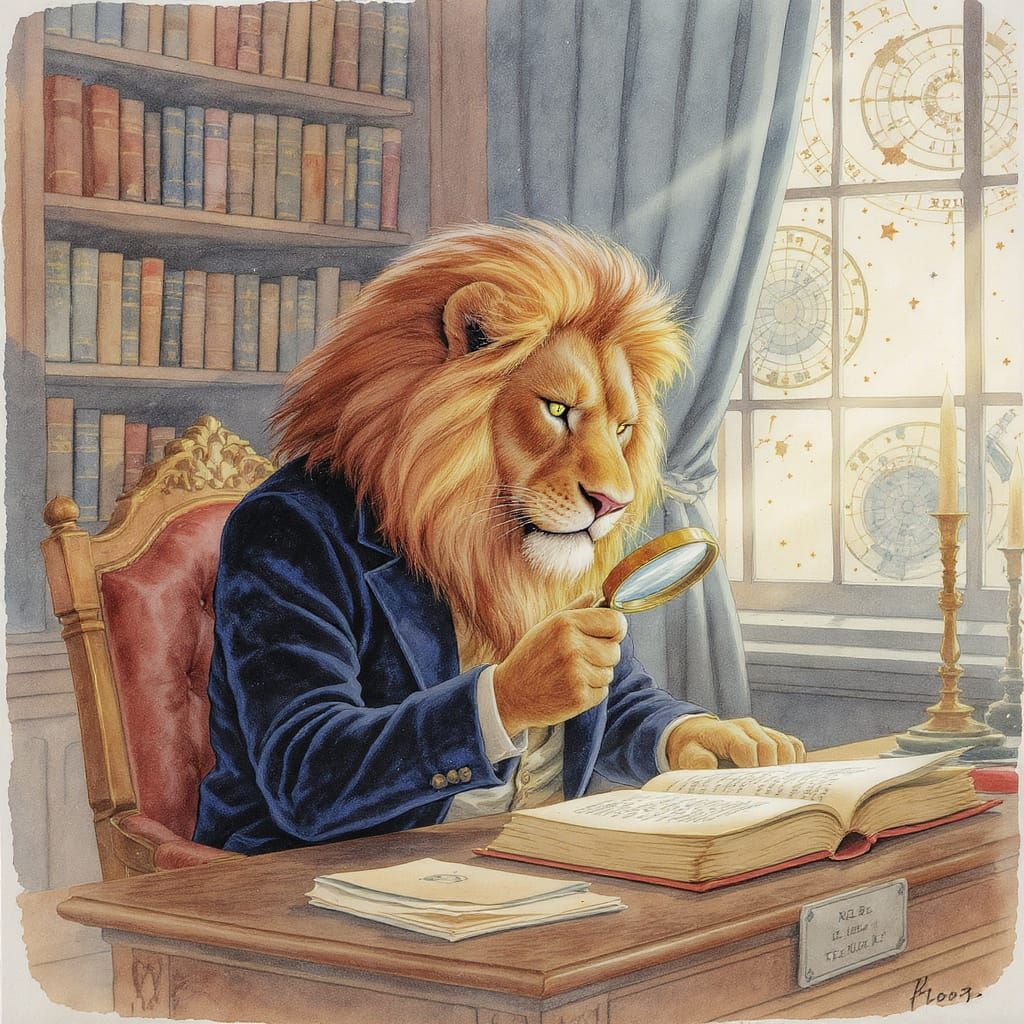 Regal Lion in Library, Watercolor Painting