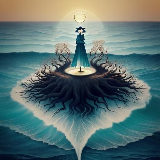 Surreal Woman with Clock Face in Dream Landscape