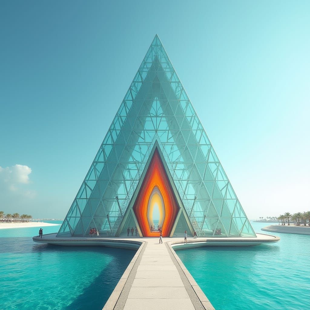 Crystal-Glass Pyramid Monument in Futuristic Palm Jumeirah S...